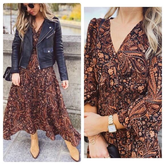 Mango Midi Print Dress Long Sleeve New - Picture 1 of 14
